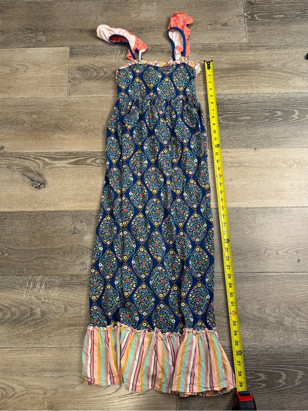 Matilda Jane Navy Floral Maxi Dress with Multicolor Stripe Ruffle 0933